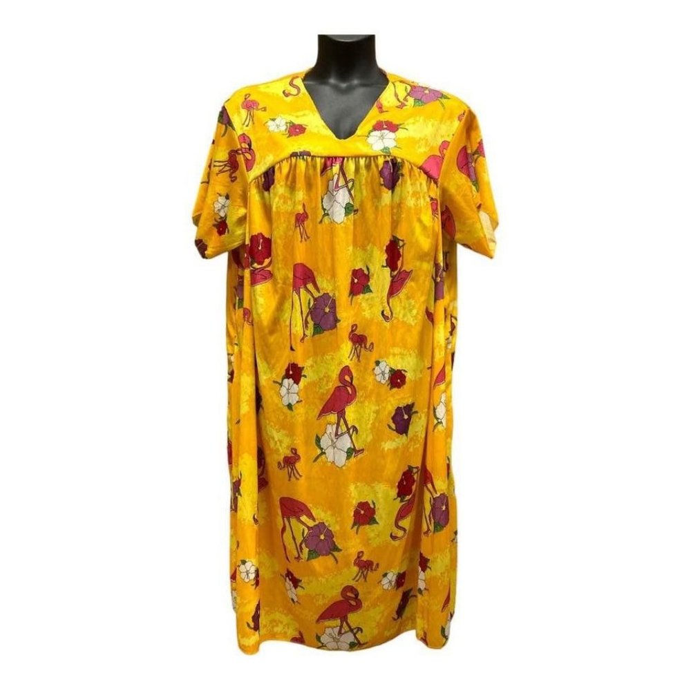 Vintage PMG Halloween Hawaiian Muumuu Dress Nightgown One Size Hibiscus Flamingo
